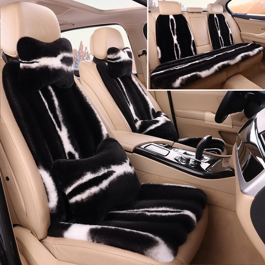 Faux Sheepskin Car Seat Cover Full Set, Fluffy Cute Black Fuzzy Car Seat Cover for Soft Auto Universal Plush Vehicle Seat Protector Pad Accessories Home and Office Chair