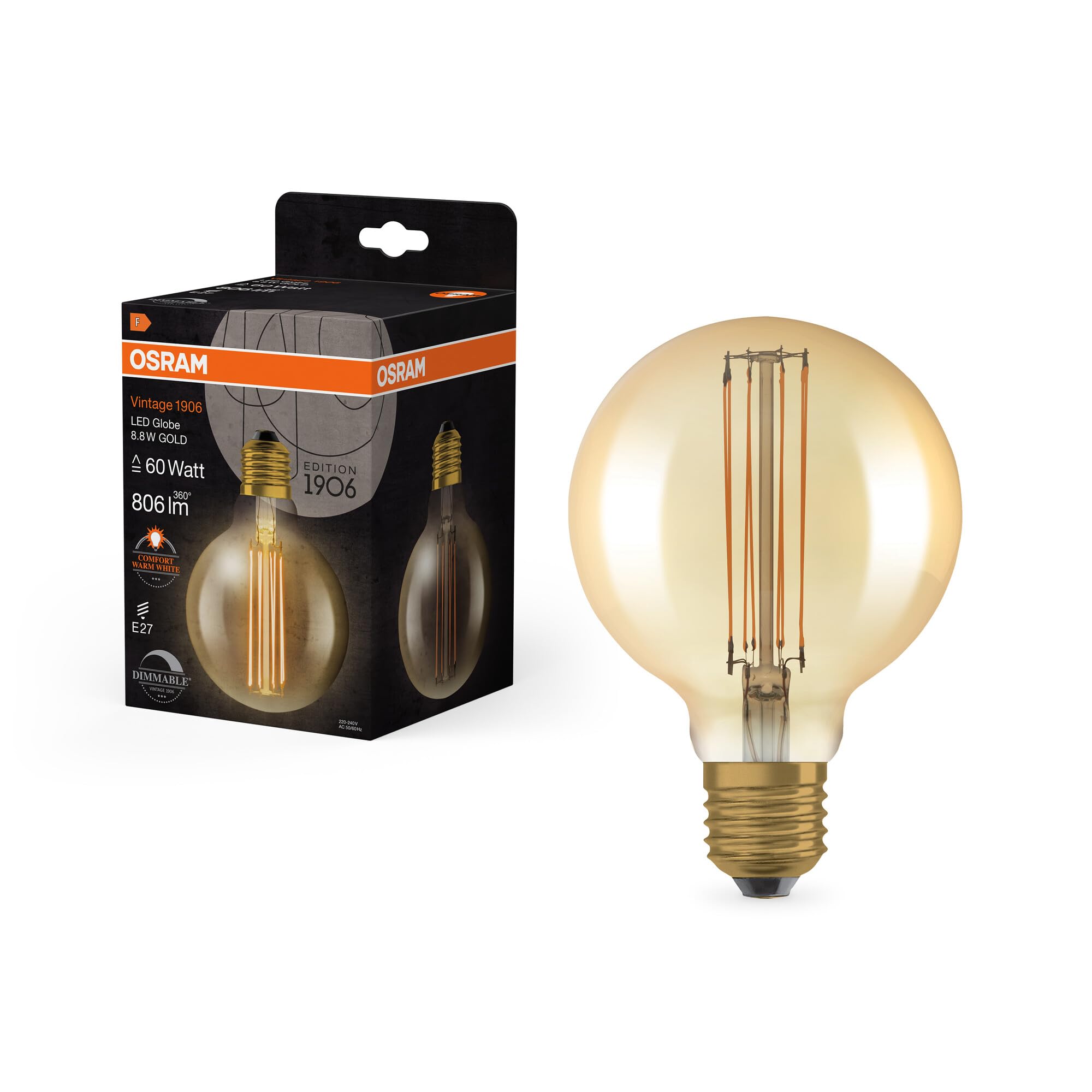 OSRAM Vintage 1906 Gold Tinted LED lamp, 8.8W, 806lm, Globe Shape with 95mm Diameter & E27 Base, Warm White Light, Straight Filament, dimmable, Life of up to 15,000 Hours