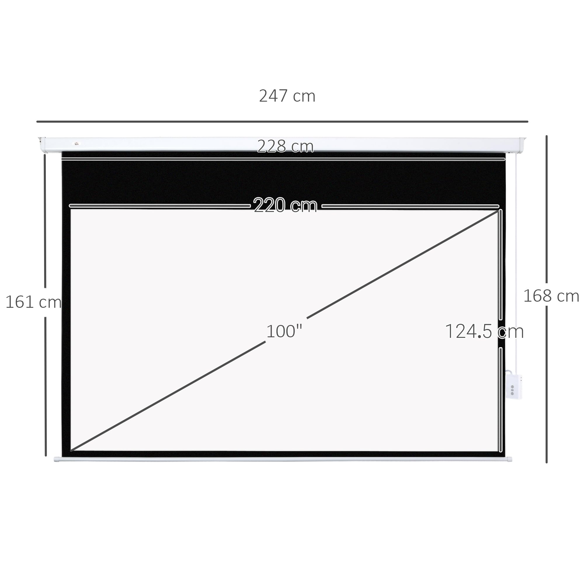 HOMCOM Telo Proiettore Motorizzato da 100 Pollici 4K HD Formato 16:9, Schermo Proiettore Motorizzato Elettrico con Telecomando, per Casa, Cinema, Ufficio, Home, Esterno, 247x7.5x168 cm, Bianco