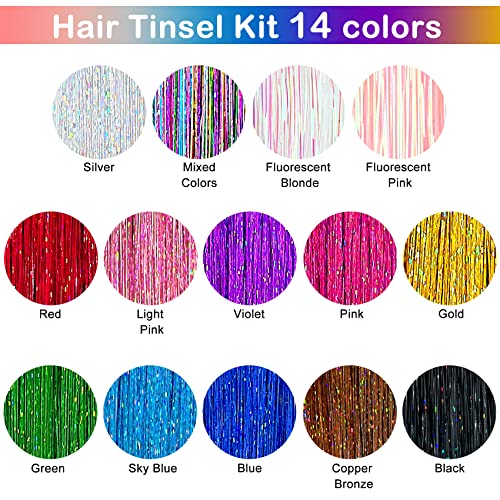 Kit de tinsel de cabelo (122 cm, 14 cores, 3500 fios), extensões de cabelo de tinsel com ferramentas
