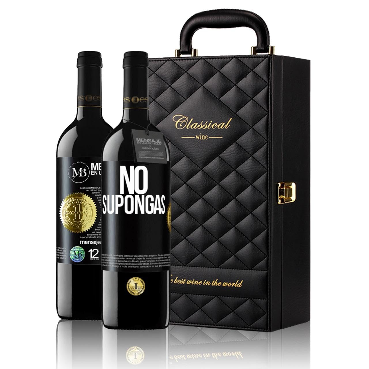 «No supongas» Mensaje en una Botella. Estuche-Maletín de LUJO 2x Vino Tinto Premium Reserva 12 Meses y Set de 4 Accesorios. Etiqueta Negra PERSONALIZABLE