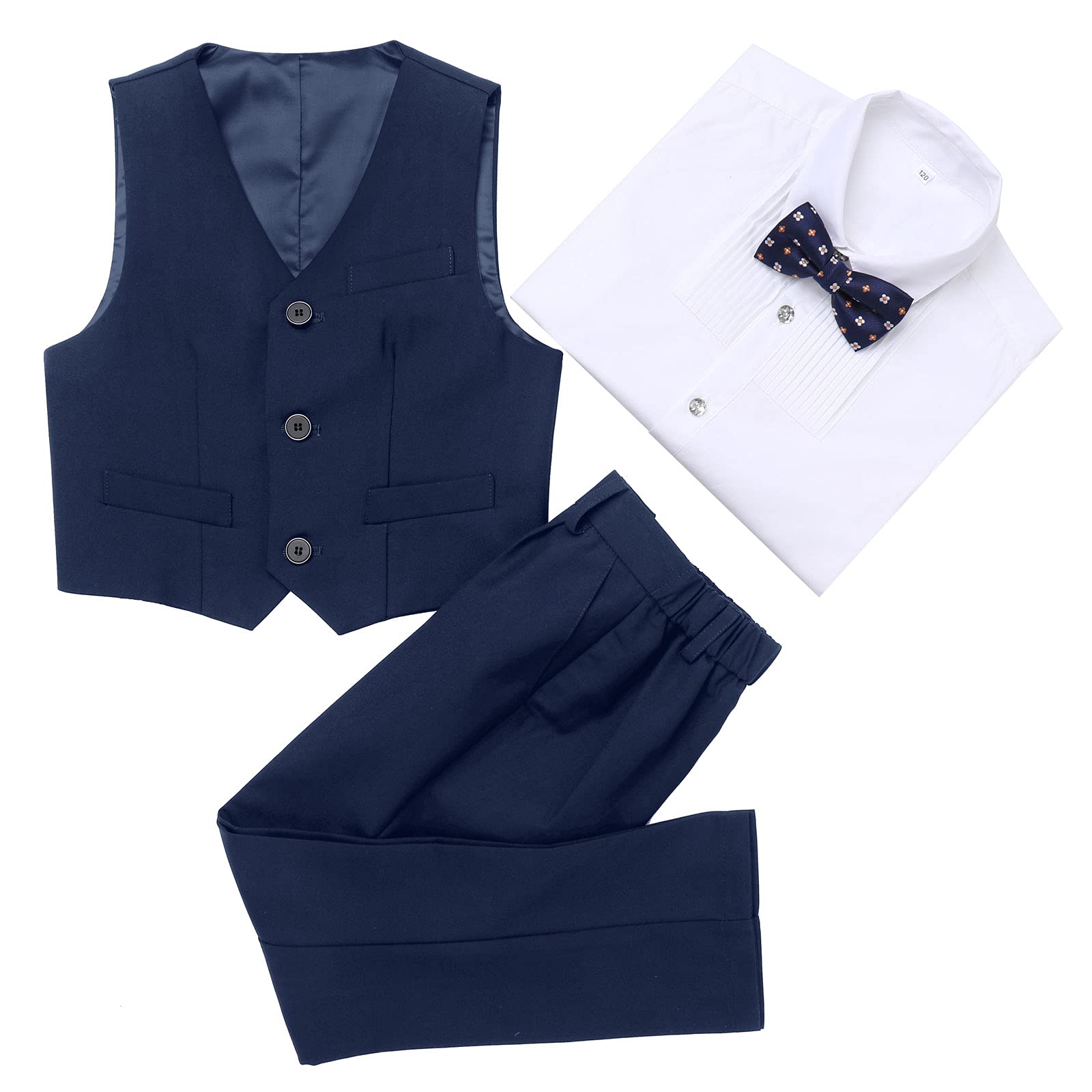 FYMNSI Gentilhomme Tenues de Smoking pour Enfant Garçon Chemise à Manche Longue + Noeud Papillon + Gilet + Pantalon Ensemble de Formel Fête di Mariage Cérémonie 4-16 Ans
