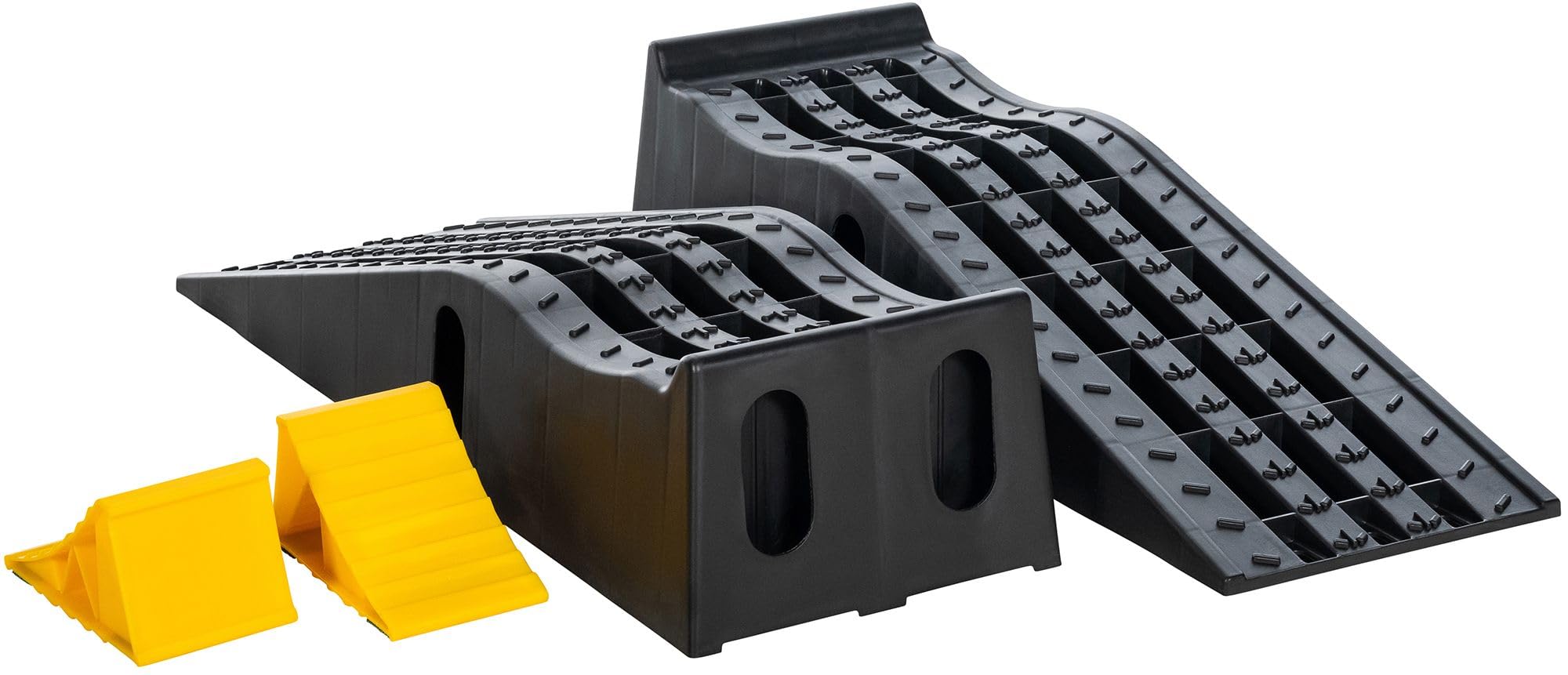 CLP Set De Rampas De Acceso De Plástico Resistentes I Juego 2 Calzos & Pendientes para Reparaciones Caseras De Vehículos, Contenido del Set:Rampa de Acceso + calzo de Rueda