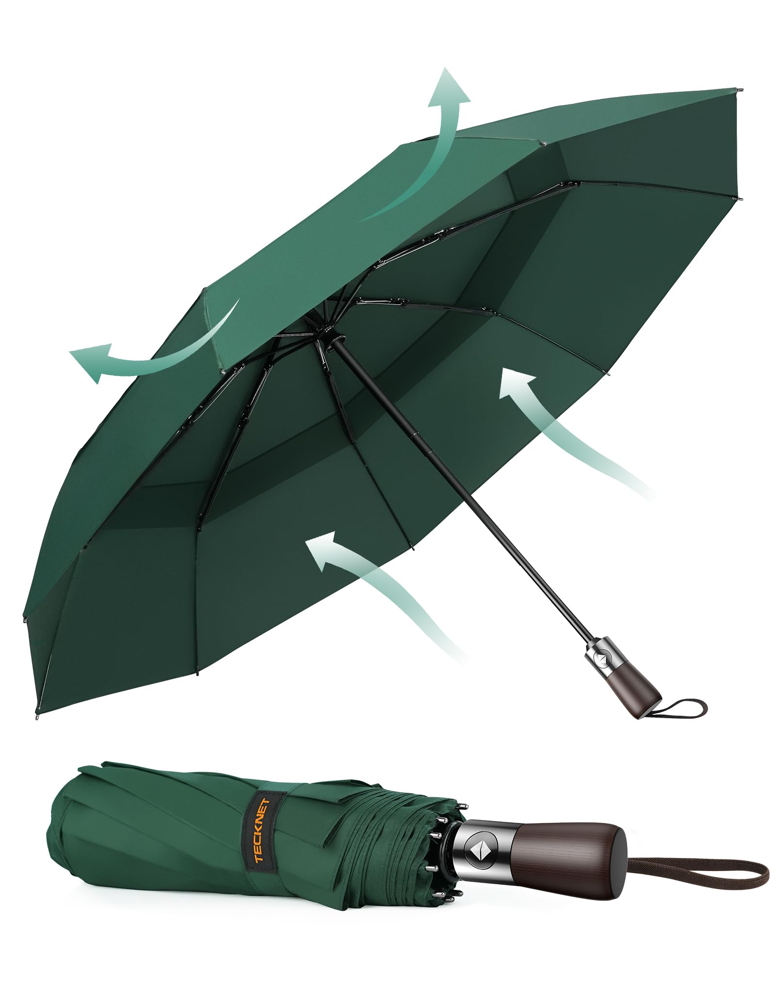 Tecknet Men's Green Umbrella Windproof Strong Real Wood Handle Auto Open Close Vented Double Canopy - Portable Compact Folding Travel Umbrella, Strong Fiberglass Frame For And Wo