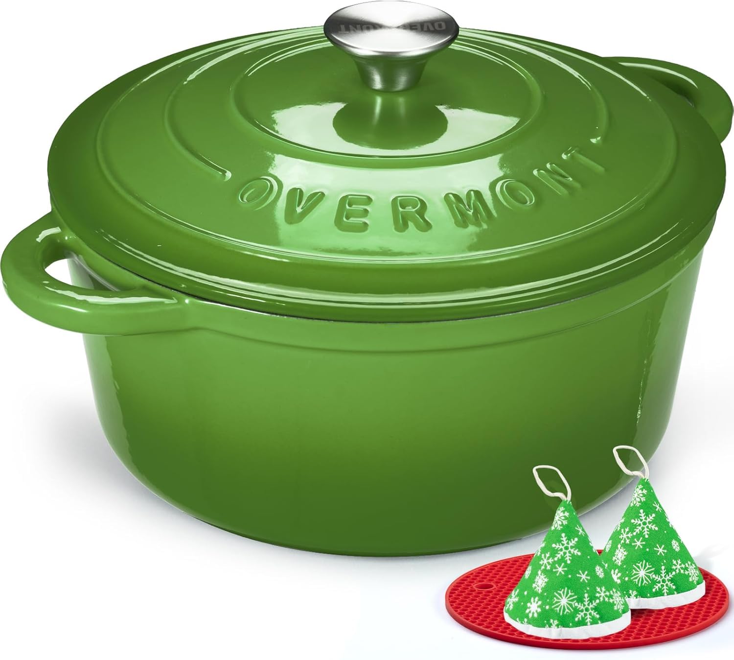 26cm/5.2L Enamelled Cast Iron Round Casserole Pot With Lid Cookbook & Cotton Potholders - Non-stick Dutch Oven Cookware for Braising, Stews, Roasting, Bread Baking - Forest green, 5.5QT