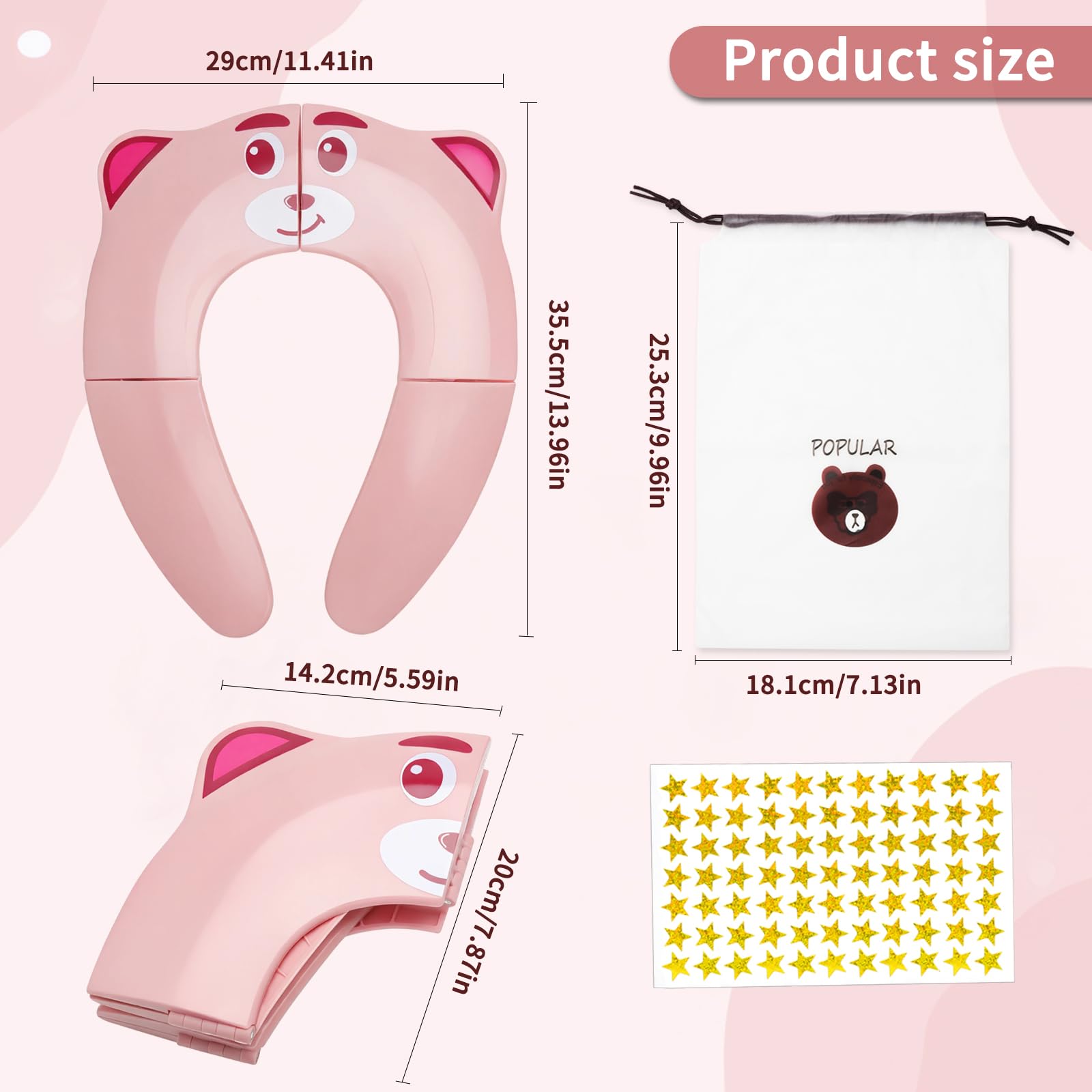 Adaptador WC niños plegable - Reductor WC portátil con bolsa de viaje y pegatinas estrella - Asiento inodoro plegable para niños 2-8 años, adaptador váter infantil antideslizante