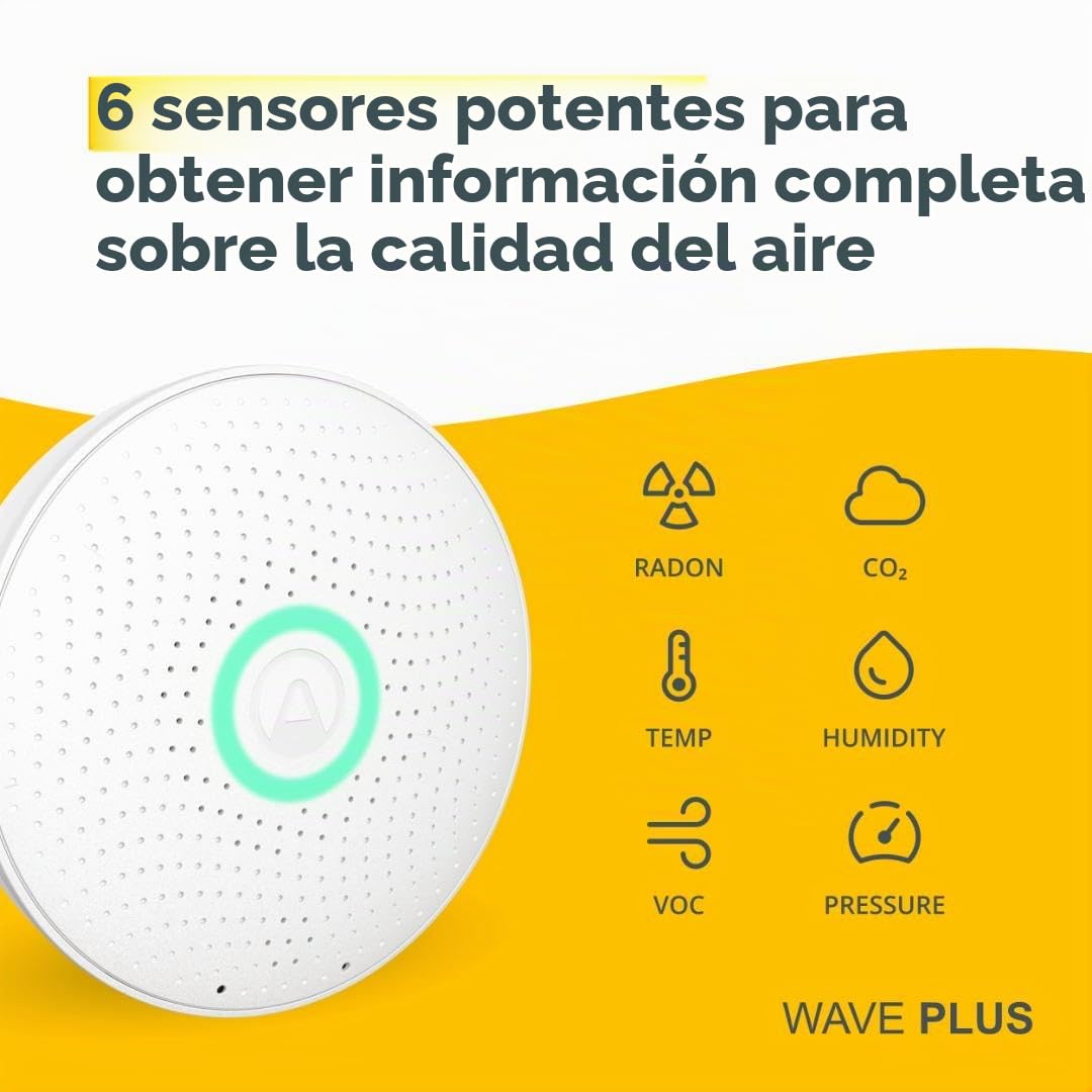 Airthings 2930 Wave Plus: monitor de radón y de la calidad del aire con detector de CO2, COV, presión de aire, humedad y temperatura