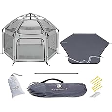 POP 'N GO Premium Outdoor Baby Playpen with Self-Inflating Playmat (Anchor Grey) and Picnic Blanket (Whimsical Waves)
