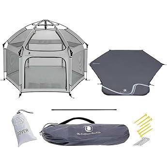 POP 'N GO Premium Outdoor Baby Playpen with Self-Inflating Playmat (Anchor Grey) and Picnic Blanket (Whimsical Waves)