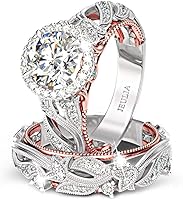 Vista 1 de Jeulia Juego de anillos calados de 4 quilates para mujer, plata de ley 925, anillos de compromiso de oro rosa, anillo de compromiso con halo