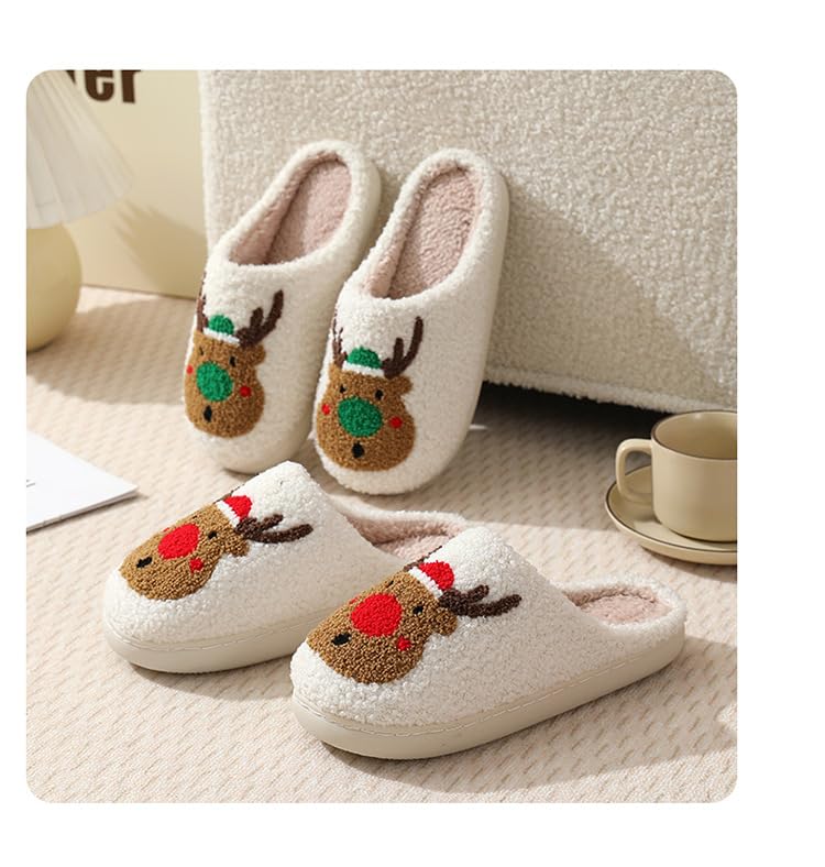 Snugeasy Christmas Slippers Reindeer for Womens Mens Soft Plush Comfy Warm Fuzzy Slippers Red Moose Santa Claus Indoor Outdoor Slip On House Slippers Christmas Gifts, Green Elk, 5.5-6 Women/4.5-5 Men4