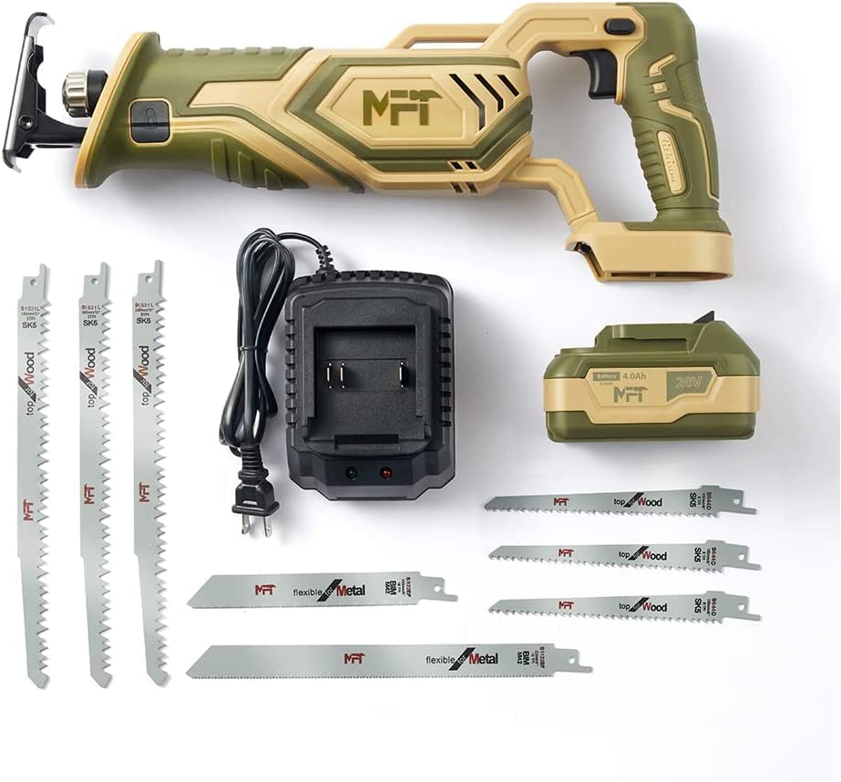 XtremepowerUS 20V Cordless One-Handed Reciprocating Saw 4.0Ah Cordless Saw Include 8 pcs Blades Change Variable Speed, Beige/Green