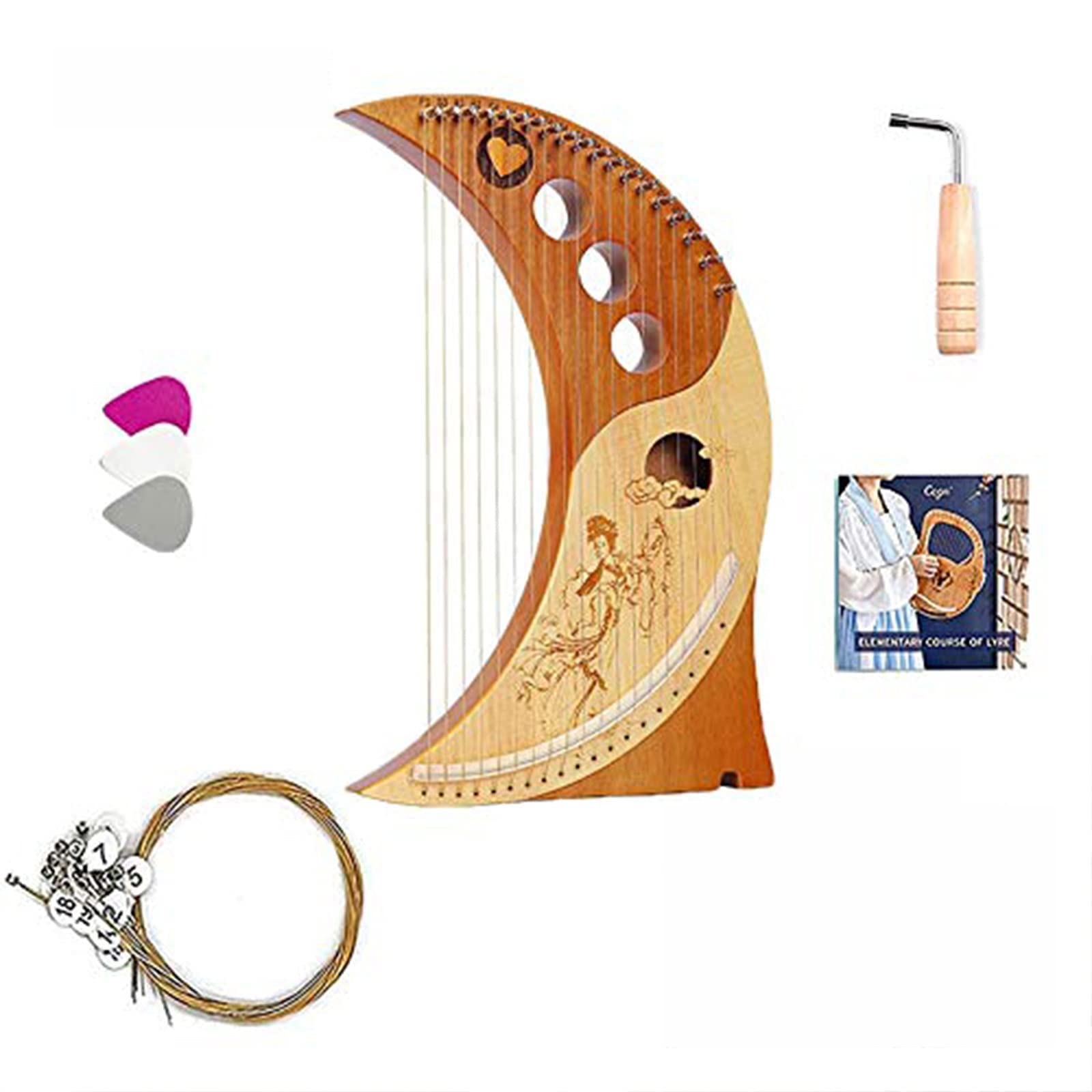 harfa liryczna, Lira Harfa 19 Strun dla Dorosłych, Metalowe Struny Drewniany Instrument Harfowy,Mahoniowa z Kluczem Strojeniowym