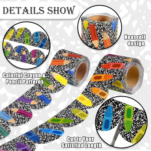 72Ft Bulletin Board Borders Crayon Pencil Rainbow Classroom Decorations, Black and White Scalloped Rolled Border Trim for Teacher Back to School Bulletin Board Classroom Home Wall Door Supplies - Image 4