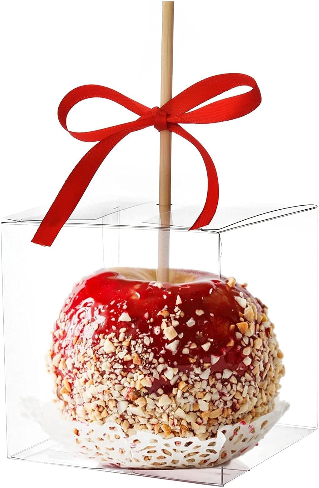 JOERSH 4x4x4 Inches Candy Apple Boxes with Hole and Paper Doilies Base 30 SETS Clear Caramel Apples Boxes for Treats | Food in Safe PET Plastic Box Fits Standard and Large Apple