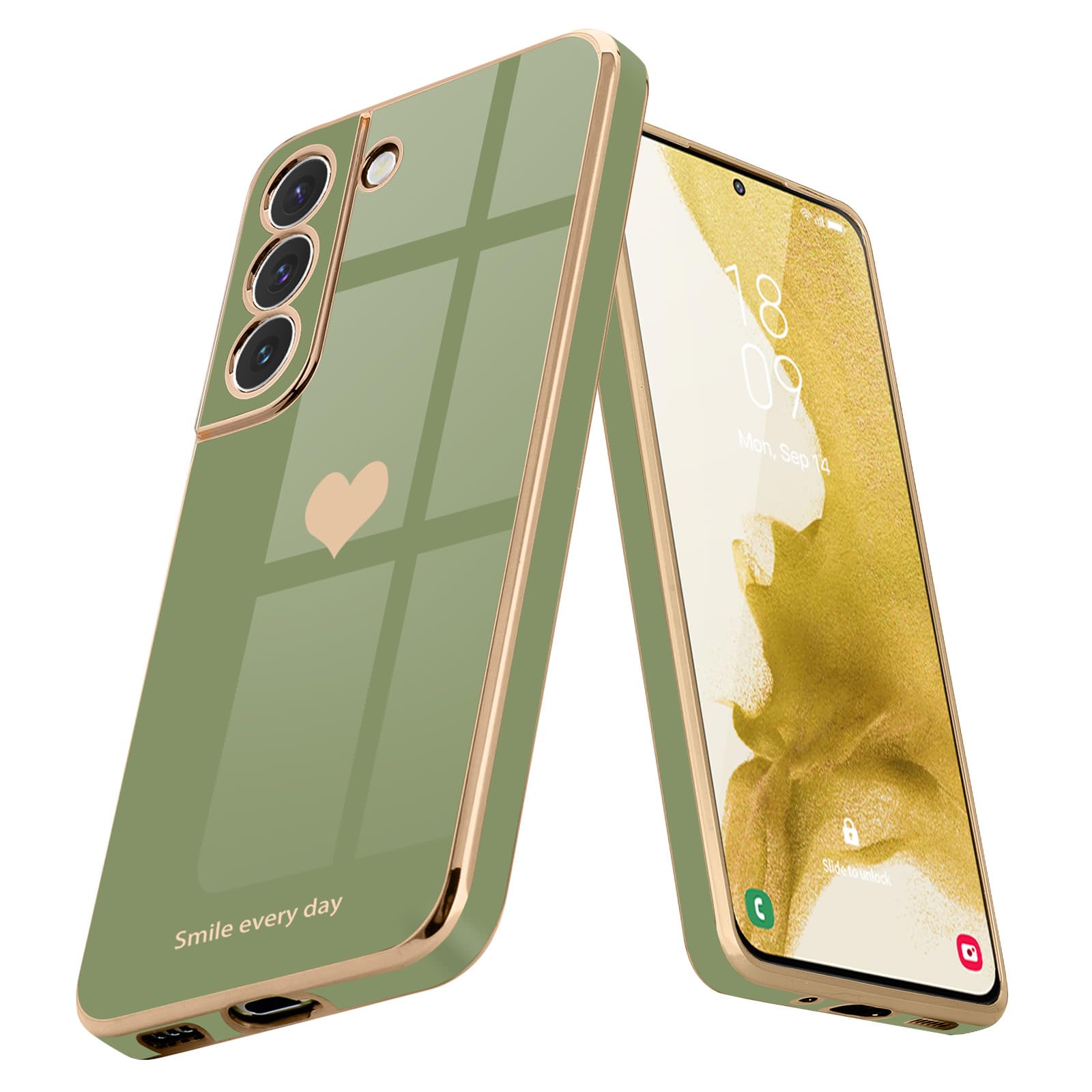 Teageo for Samsung Galaxy S22 5G Case for Women Girl Cute Love-Heart Luxury Bling Soft Back Cover Raised Full Camera Protection Bumper Silicone Shockproof Phone Case for Galaxy S22 5G, Light Green