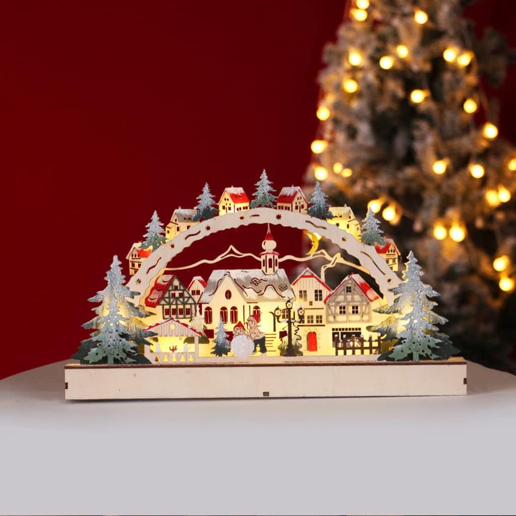 LED Light Luminous Xmas Village Home Decor Christmas Desktop Wooden Ornaments