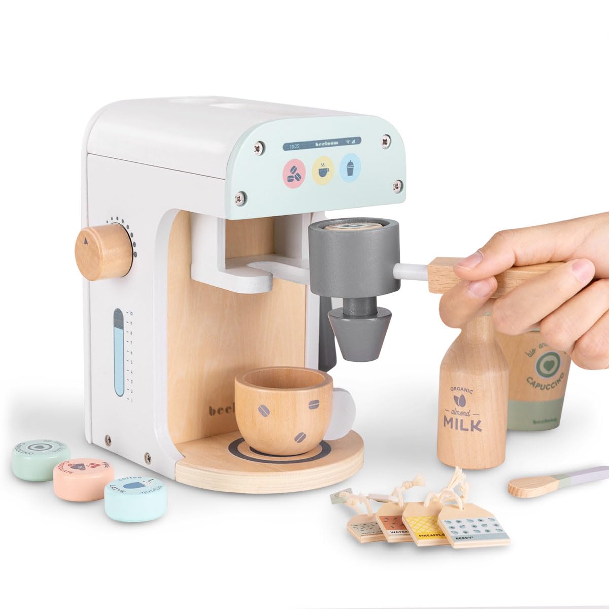 Beeloom - Cafetera de Madera Natural de Juguete Infantil, Lalapresso, Set Juego simbólico para niños y bebés, cápsulas Accesorios