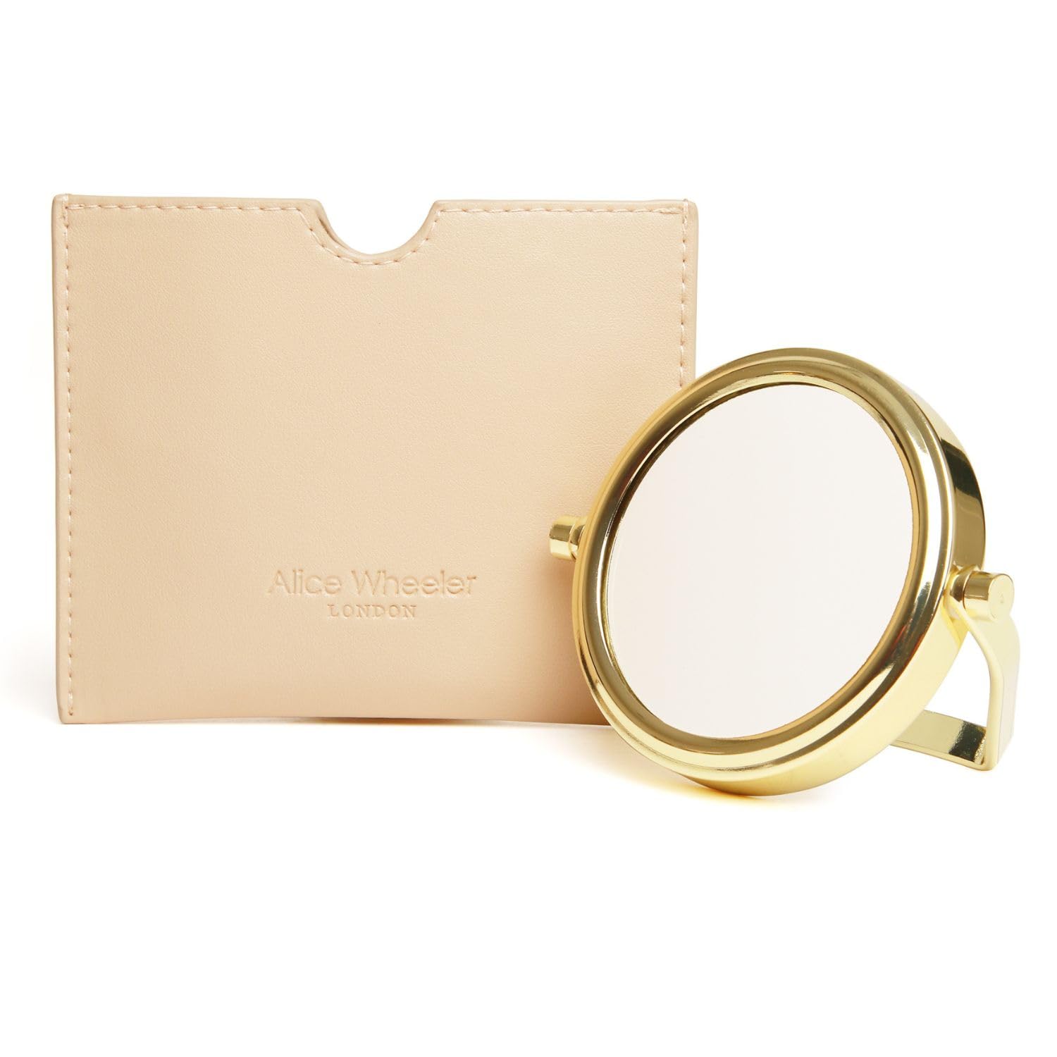 Alice Wheeler Compact Venice Mirror, 7.5cm Dual Magnification, Vegan Leather Pouch, Gold (Sand)