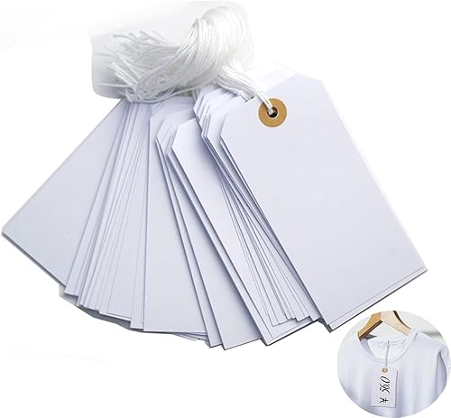 Etiquetas blancas en blanco con cuerda elástica, 100 etiquetas colgantes de marca grande adjuntas, con agujero reforzado adjunto, etiquetas de