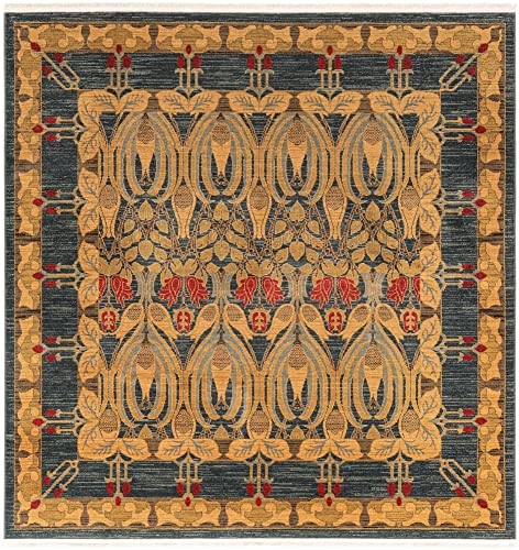 Image of Unique Loom Edinburgh Collection Area Rug - Canmore (7' 10 inch Square, Navy Blue / Tan)