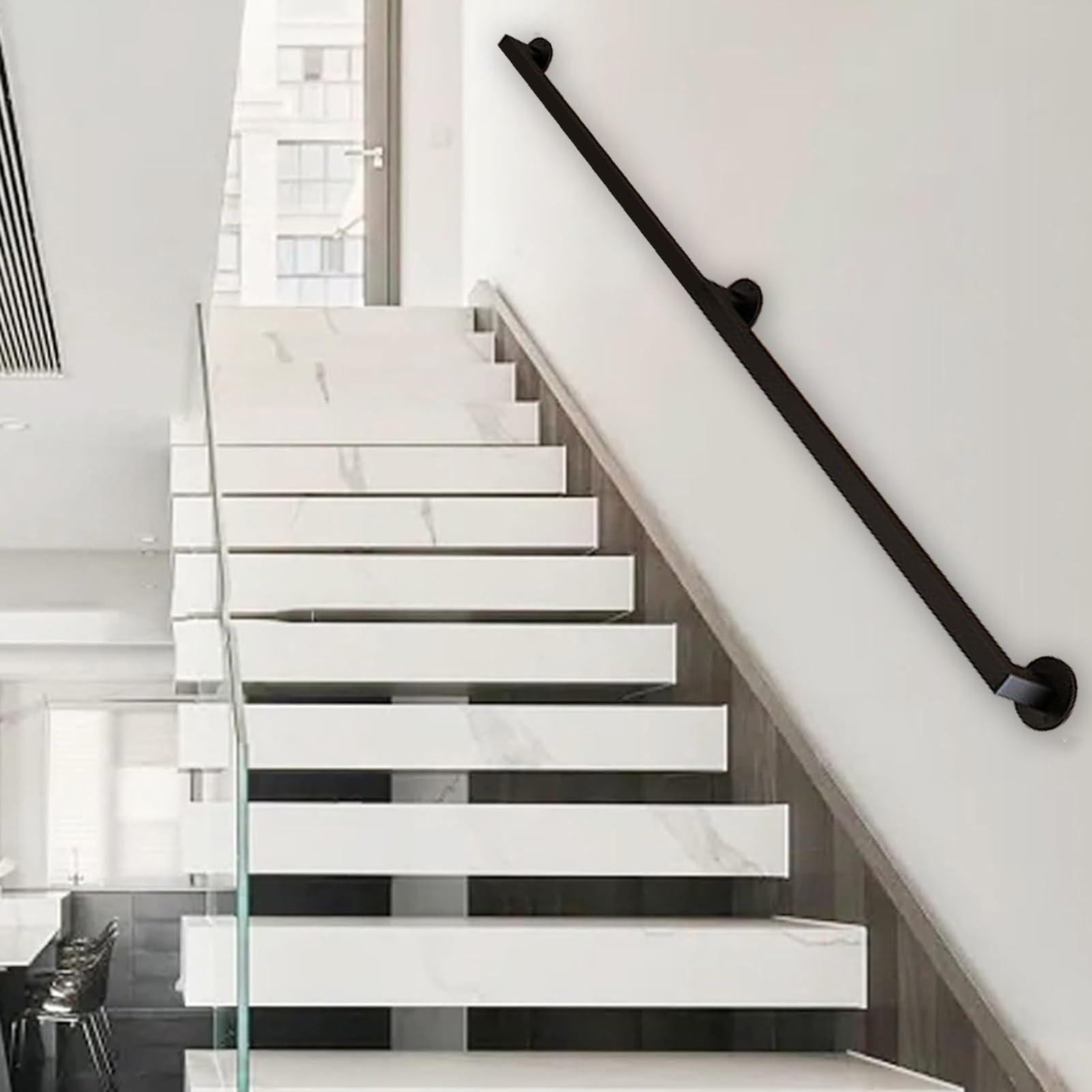Rampe d'escalier en tube de fer noir industriel 1,8m support mural inclus