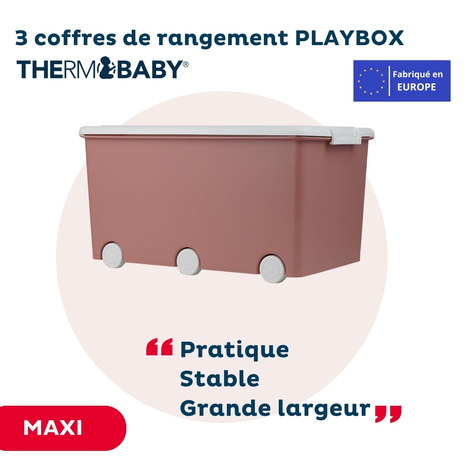 Thermobaby - Coffre de rangement PLAYBOX - MAXI 42 L - Lot de 3 Boites de Rangement - Caisse de Rangement en Plastique avec Couvercle - Clips de Fermeture - Poignée - Empilable - Rose