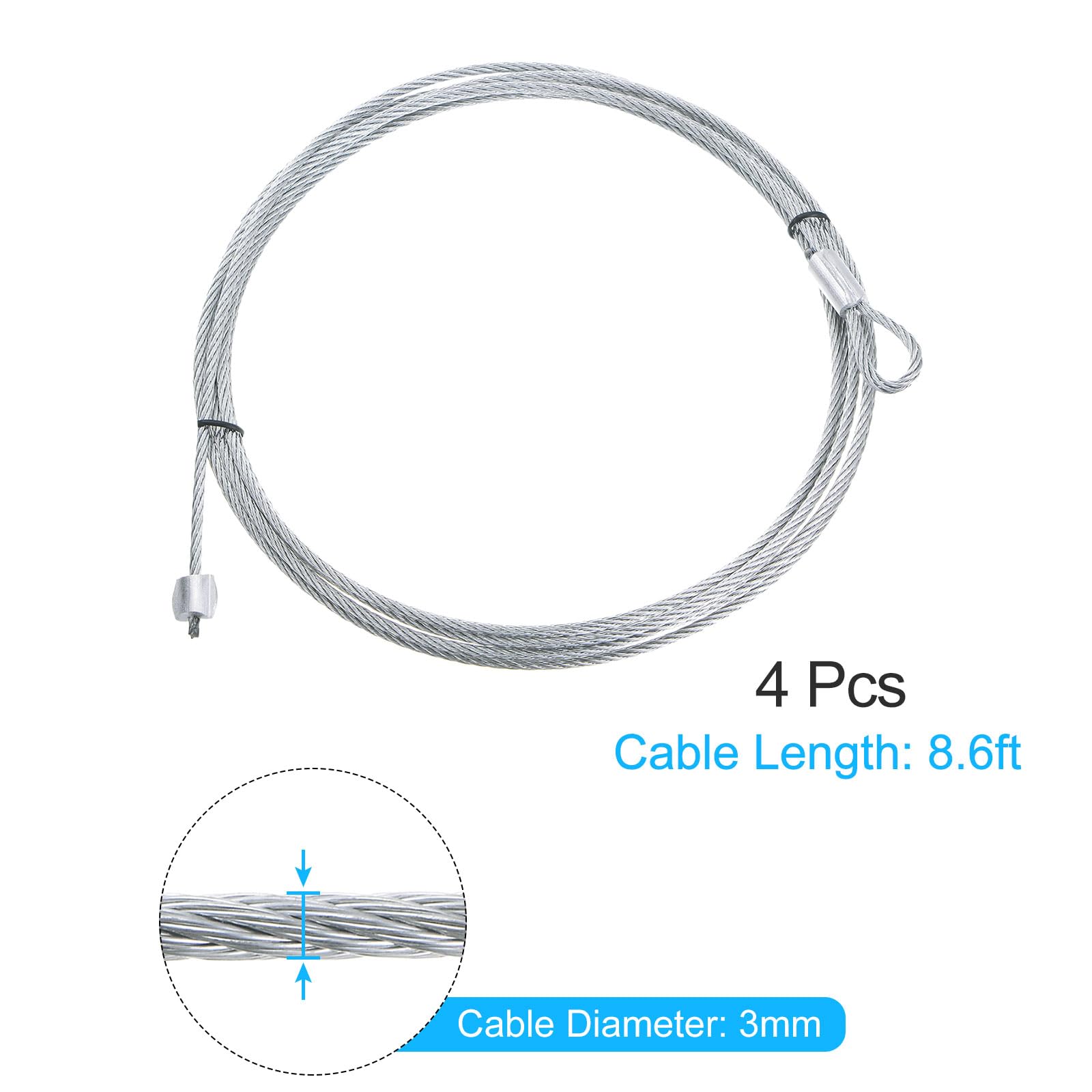 sourcing map 4 Pièces 8,6 Pieds (2,5 Mètres) Câble de Porte de Garage de 3 mm de Diamètre, en Acier Galvanisé