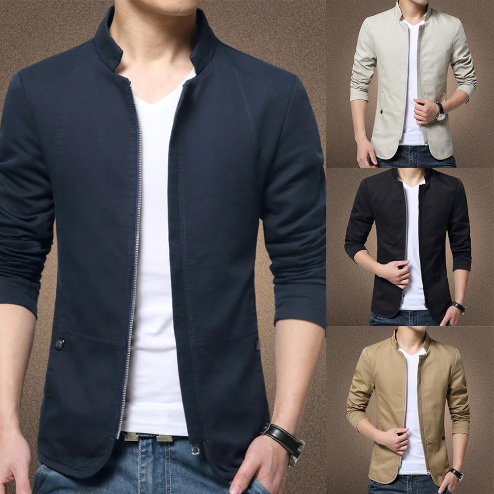Chaqueta de traje formal con cremallera para negocios, con cuello, chaqueta casual para hombre (talla L, azul marino)
