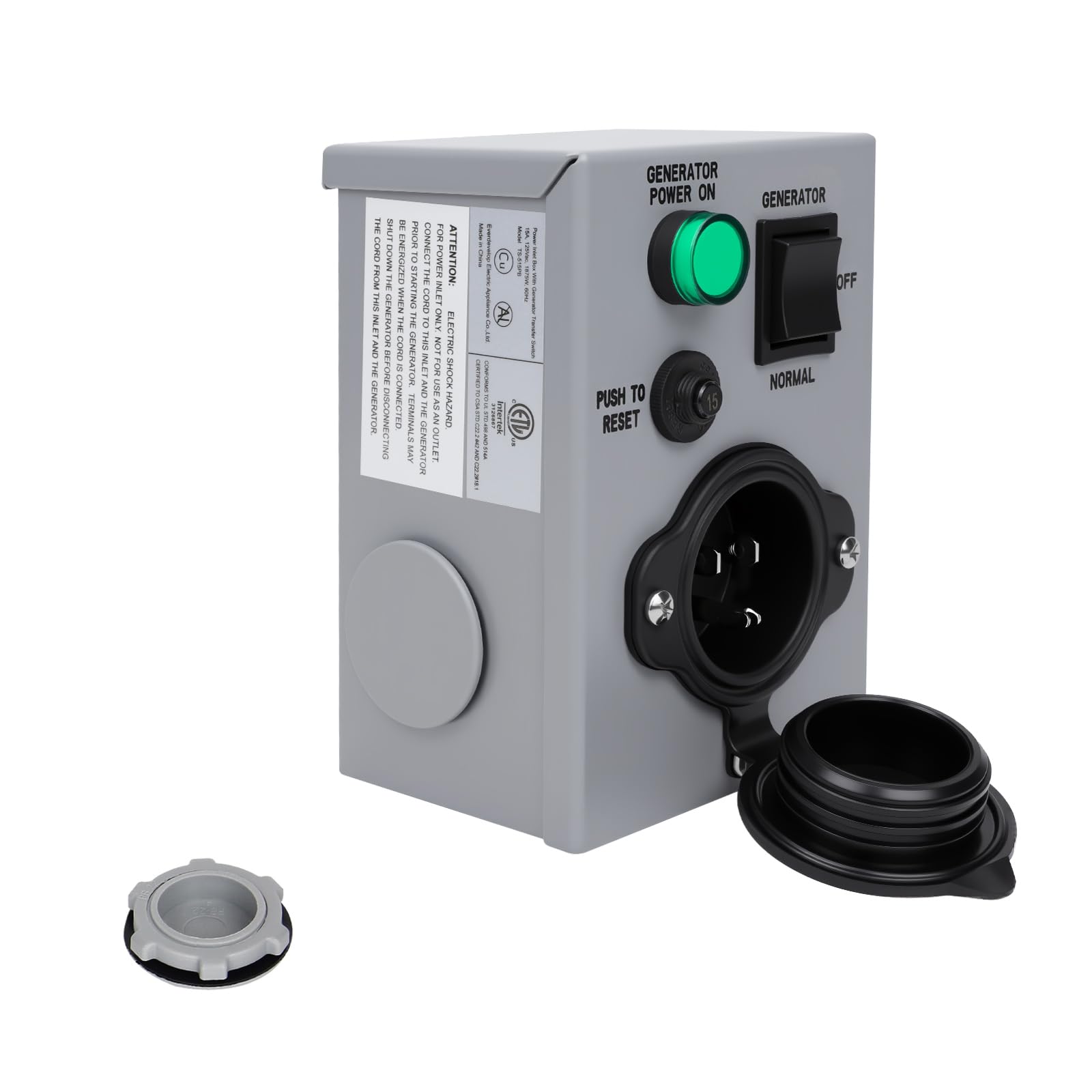 15 Amp Generator Transfer Switch with Pre-drilled Holse, LED Indicator 125V 1875W 15A NEMA 5-15P Power Generator Transfer Switch for Emergency Power Outage Outdoor/Indoor Use, ETL Listed