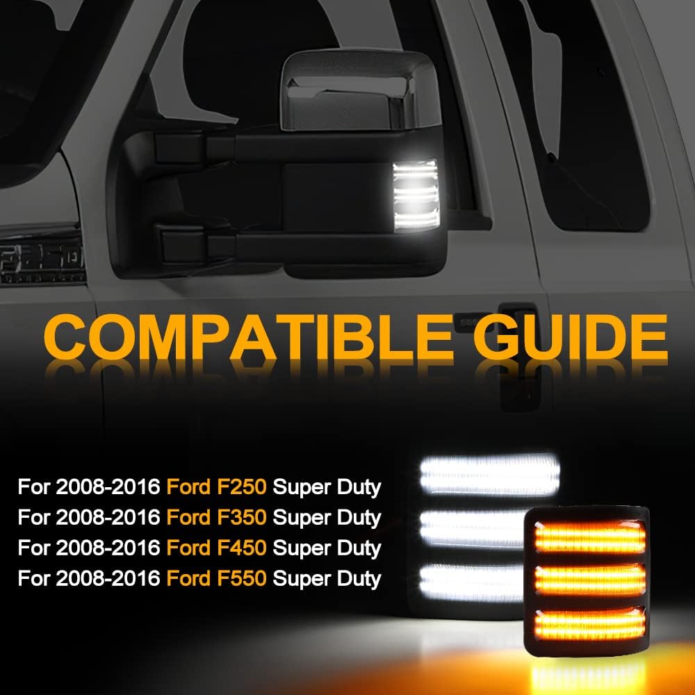 Sequential Switchback LED Side Mirror Marker Running & Turn Signal Light Compatible For 2008-2016 Ford F250 F350 F450 Super Duty Amber Turn Signal Lights, White Running Lights