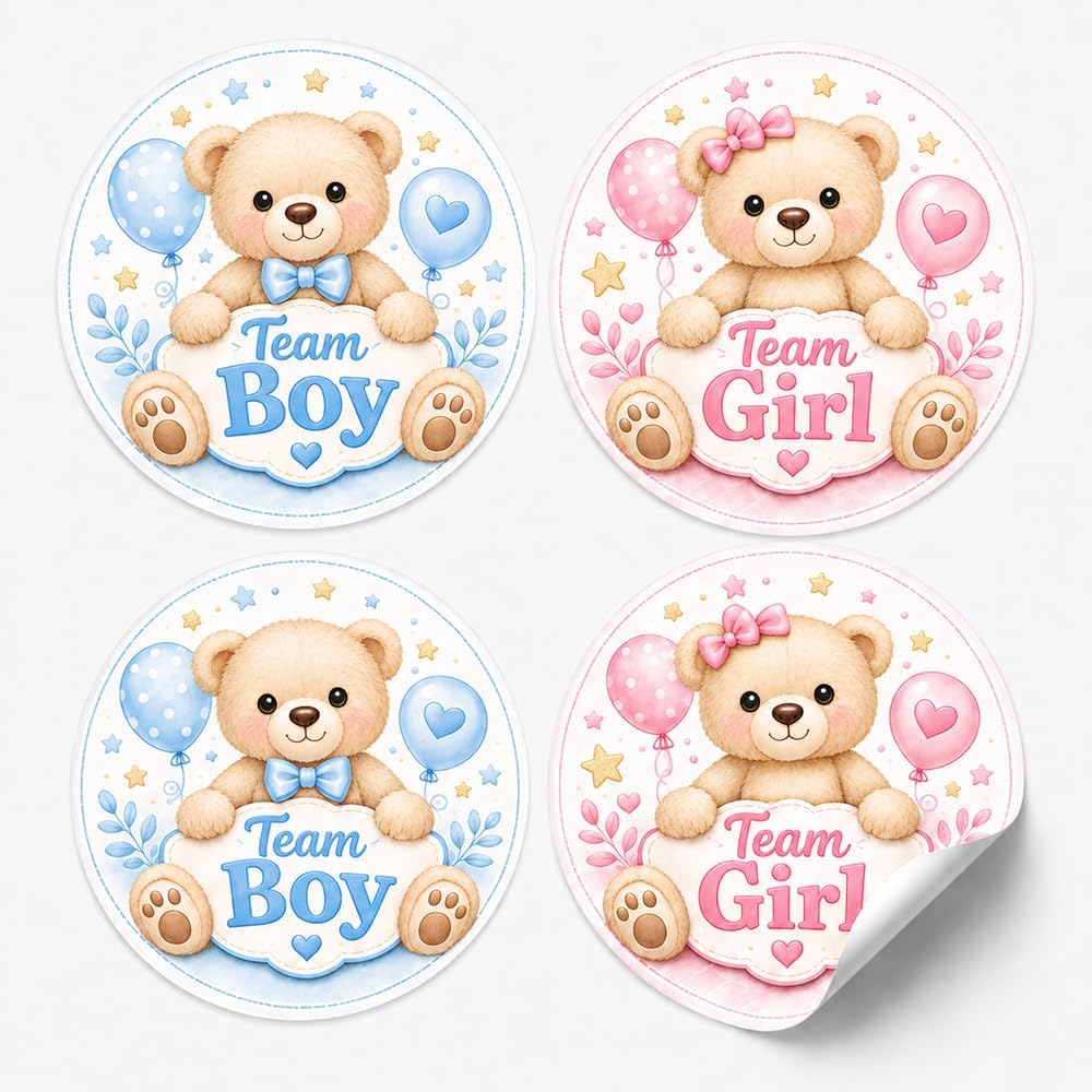 Teddy Bear Gender Reveal Stickers, 100 Pcs Team Boy Team Girl Party Favors, 2 Inch Round Baby Shower Voting Stickers for Cards, Gift Bags, Cups and Reveal Games
