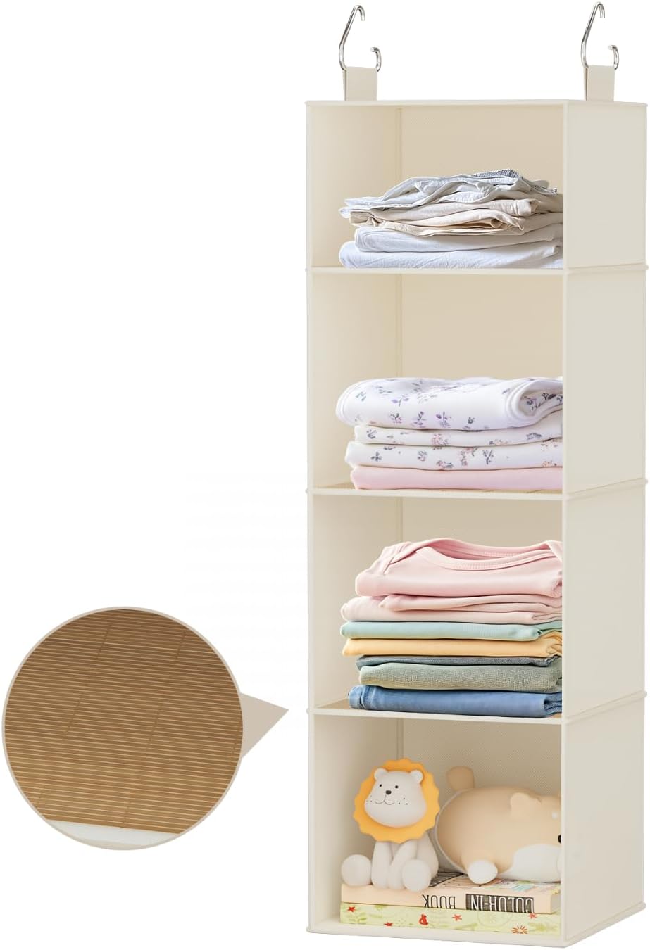 Hanging Closet Organizer and Storage with Bamboo Shelves - Foldable Storage for Clothes, Towels, Accessories | Space Saving, No Assembly Needed (Beige)