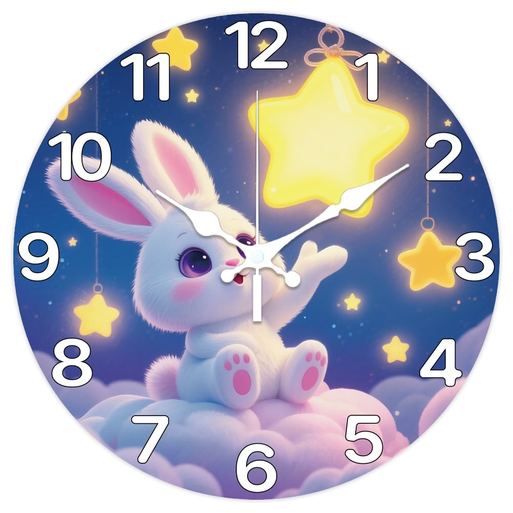 CHGCRAFT Rabbits Wall Clock 12 Inch Stars Clock Battery Operated Silent Non Ticking Clouds Round Decorative Clocks for Home Office Decoration