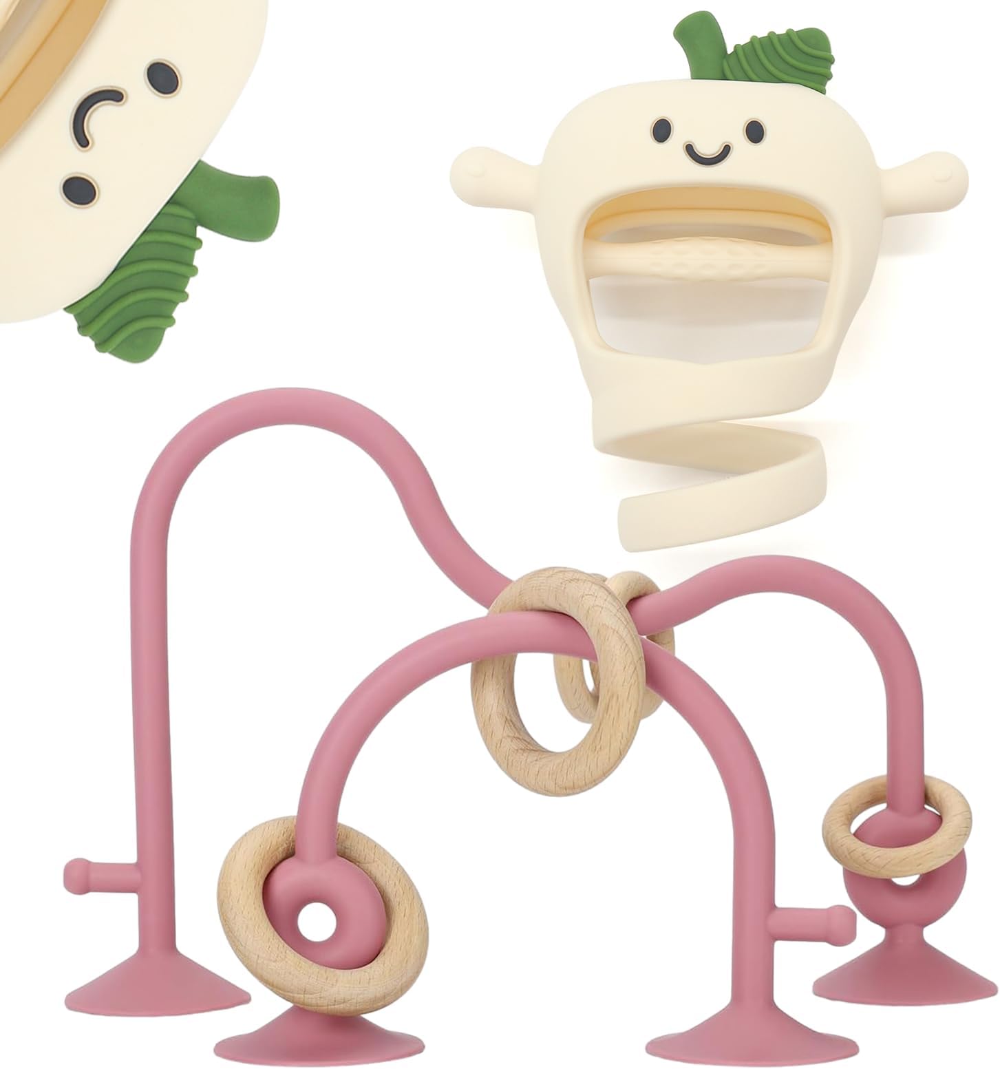 Baby High Chair Suction Toys Teething Chew - Silicone Apple Teething Relief Toys Silicone Teethers Table Toys, Food Grade Silicon for 6 12 18 Months(Beige)
