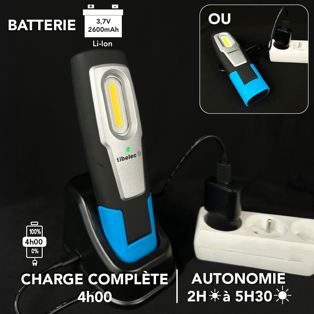 Baladeuse LED rechargeable sur socle 6W, 600 lumens, IP54, IK07, crochet, mode torche, aimanté, garantie 3 ans - Tibelec