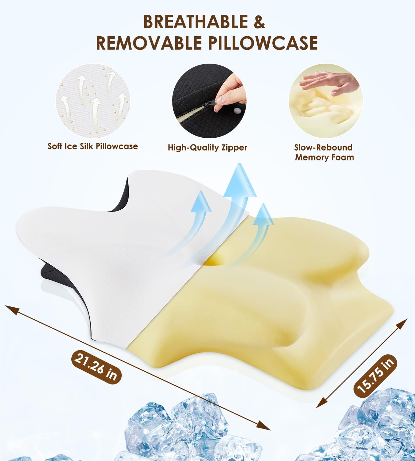 Cervical Neck Pillow for Pain Relief, Ergonomic Memory Foam Pillows for Sleeping with Washable Pillowcase & 2 Height Options, Cooling Contour Neck Support Pillow for Back Stomach Side Sleepers - Image 6