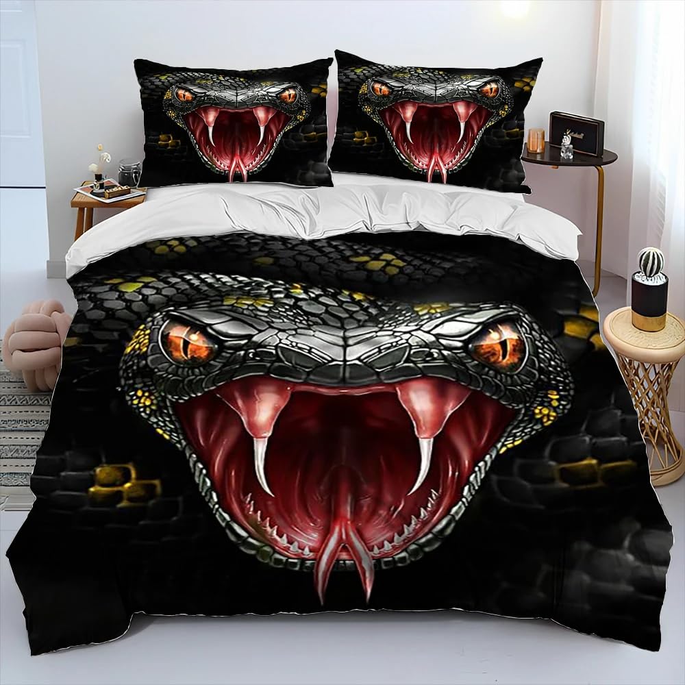 Housse de couette 240x260 serpent noir avec taies d'oreiller pour lit 2 personnes