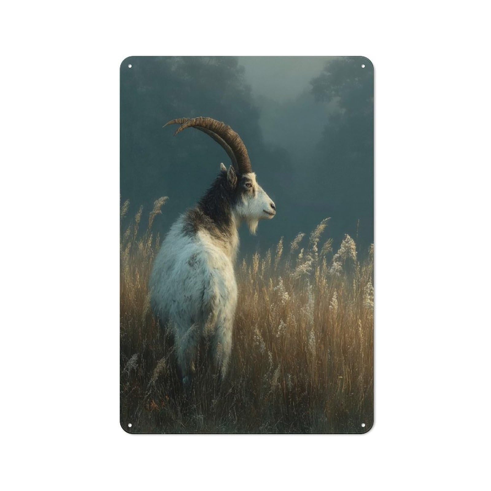 Junmoney Style-7 Tin Wall Plaque 30X20cm With Goat In A Misty Field For Hallway Wall, Suited To Wall Displays In Hallways And Entrance Areas