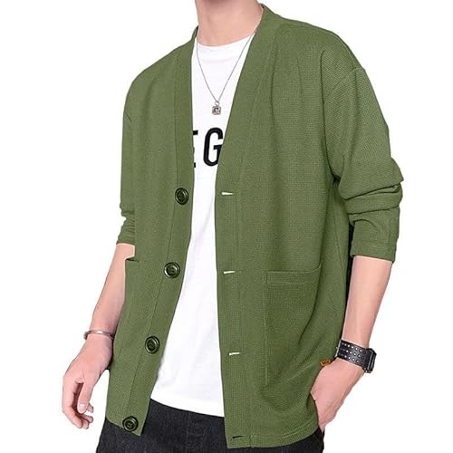 [FJLTDCP] カカーディガン メンズ 秋服 メンズ 羽織 和風 Vネックジャケット カジュアル 無地 アウター おしゃれ大きいサイズ コート和式カーディガン ボタン カジュアル 長袖 おしゃれゆったり 春秋服大きいサイズ春秋冬服メンズ-green-5XLのサムネイル