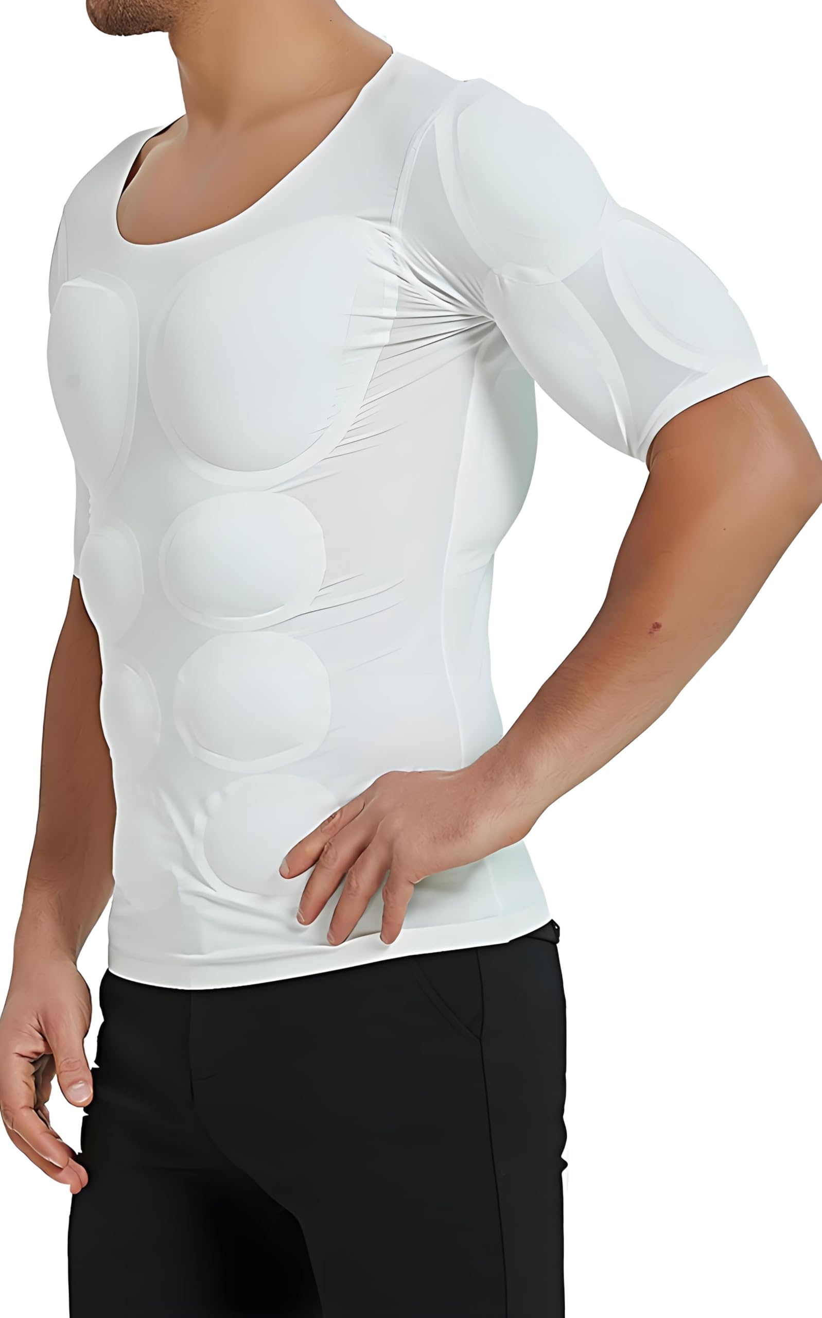 Wygwbd Men's White Fake Muscle T-Shirt Deltoid Biceps Triceps Shoulder Pads Elastic Padded Underwear, S