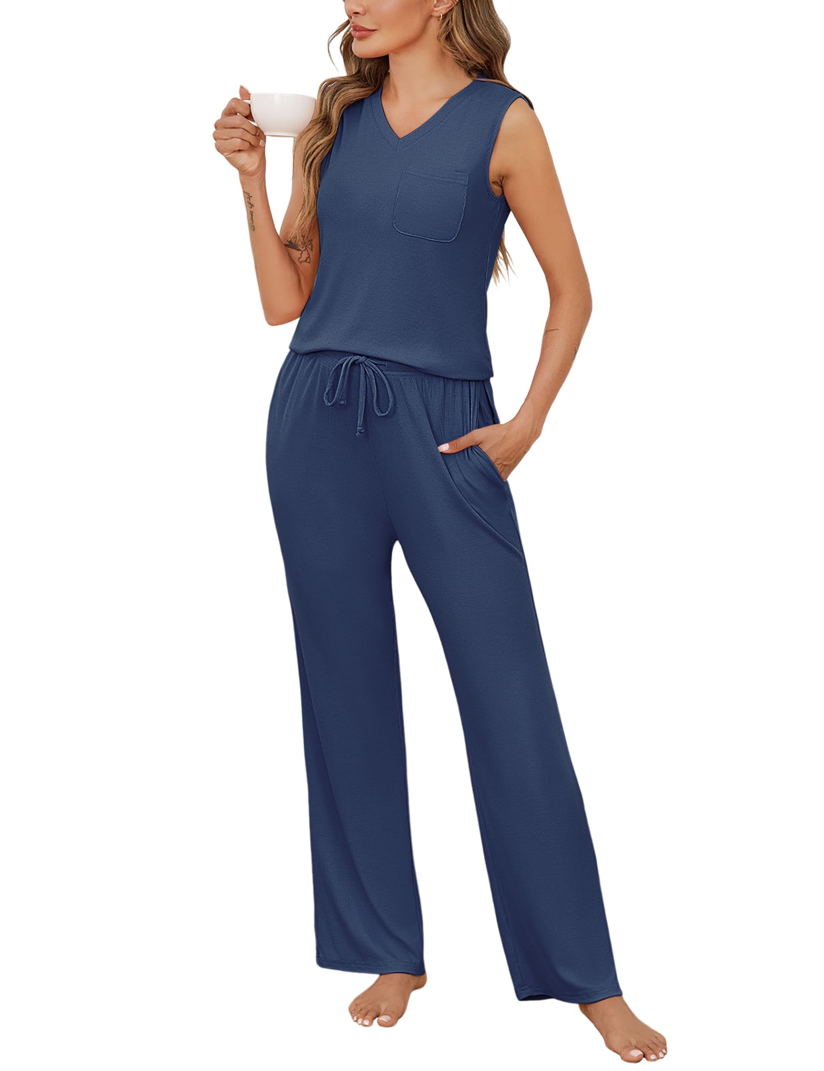 Marvmys Women's Pajamas Sleeveless Summer Lounge Set Ribbed Knit Pj Loungewear Soft Tank Sleepwear Nightwear