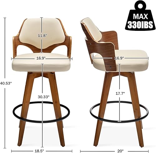 Miniatura 9 de Juego de 2 taburetes de bar giratorios de altura de mostrador, silla de bar tapizada con patas de bambú, taburetes de mostrador con respaldo bajo