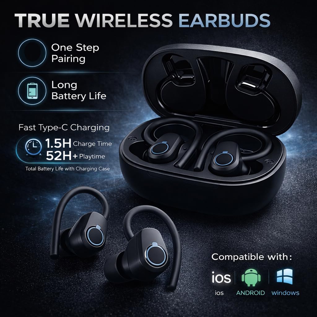 Auricolari wireless, Bluetooth 5.3, cuffie sportive, con microfono per riduzione del rumore, display a LED, 50 ore di autonomia, con ganci per le orecchie, impermeabili IP7, per palestra, corsa