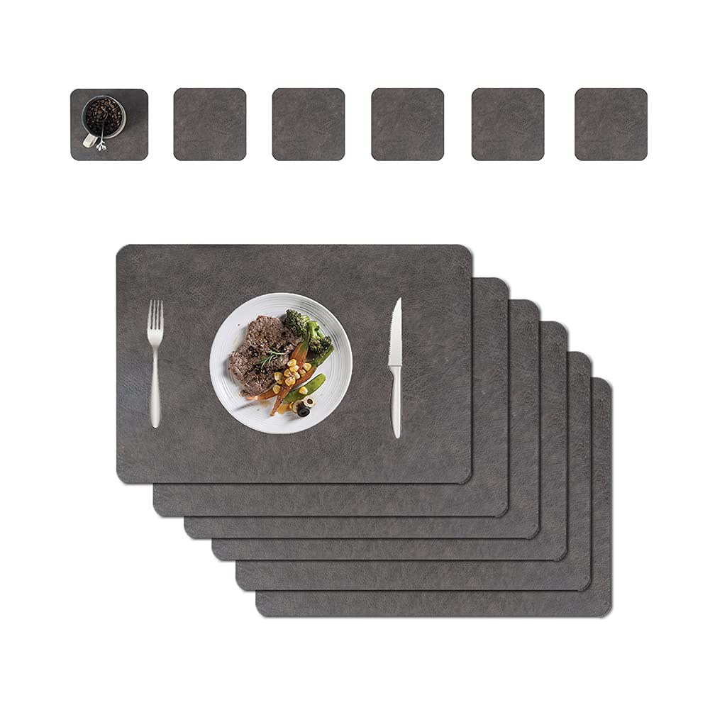 Placemats And Coaster Sets 6, Waterproof Non-Slip Place Mats Set Of 6 And Double Thickened Dining Table Mats, Washable Leather Coasters and Placemats for Dining Table (Black brown)