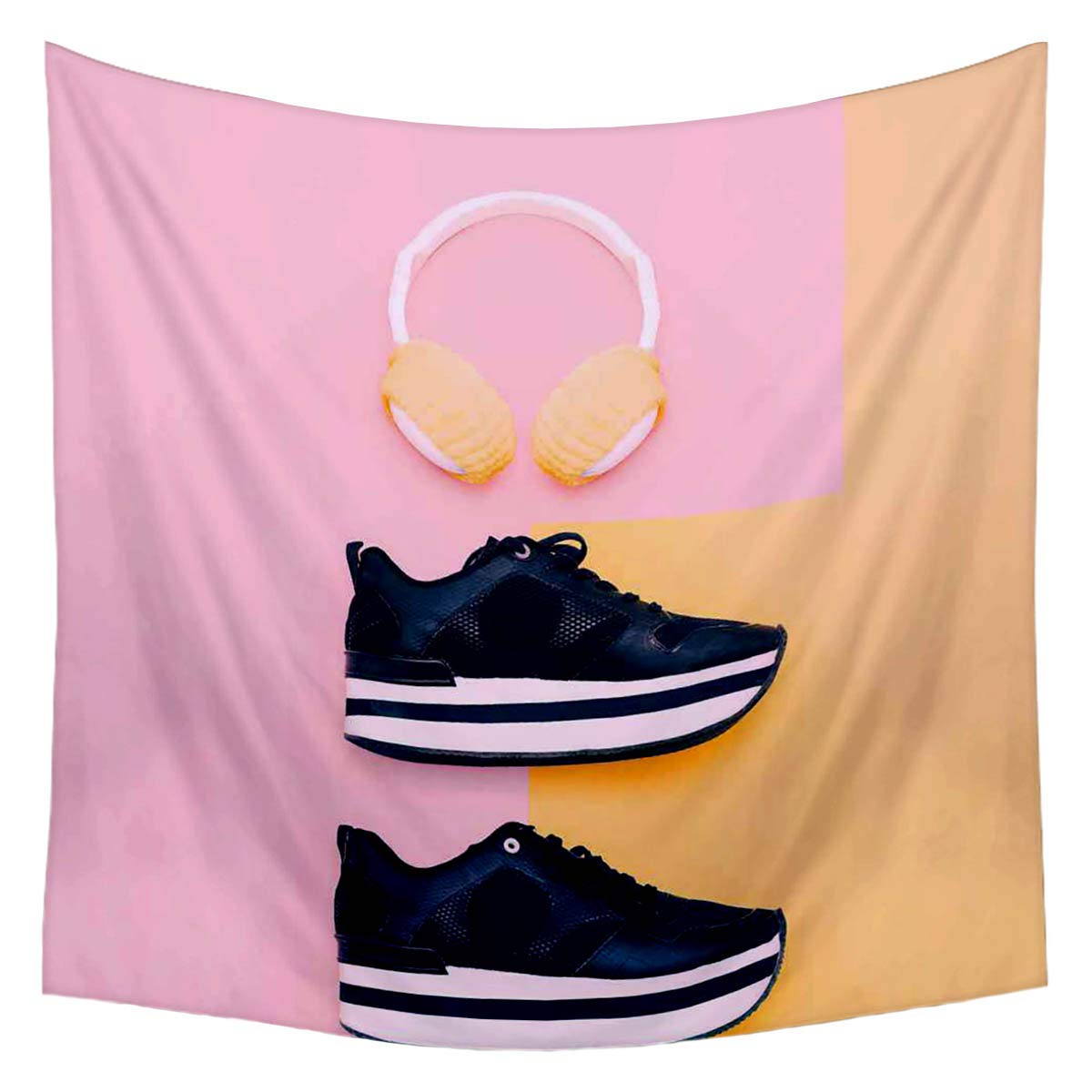 ArtzFolio Trendy White Headphones & Sneakers Canvas Fabric Painting Tapestry | Wall Art Hanging 24 x 24 inch (61 x 61 cms) 2