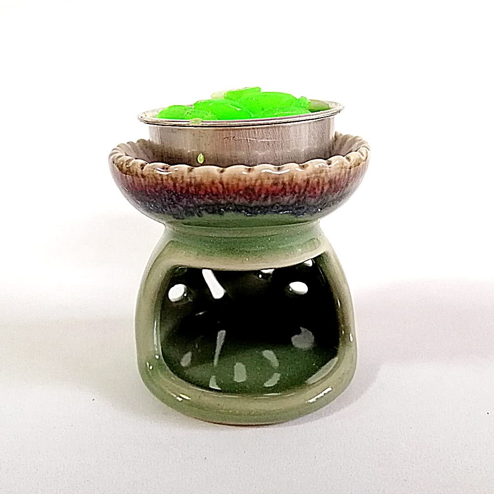 POPPIP Set of 2.2 inches high Small Mini Vintage Ceramic Candle Holder and 1 Candle Aromatic Essential Melts Fragrance Oil Warmer tealight Aromatherapy Diffuser Home Room Decorative, Gifts, Green