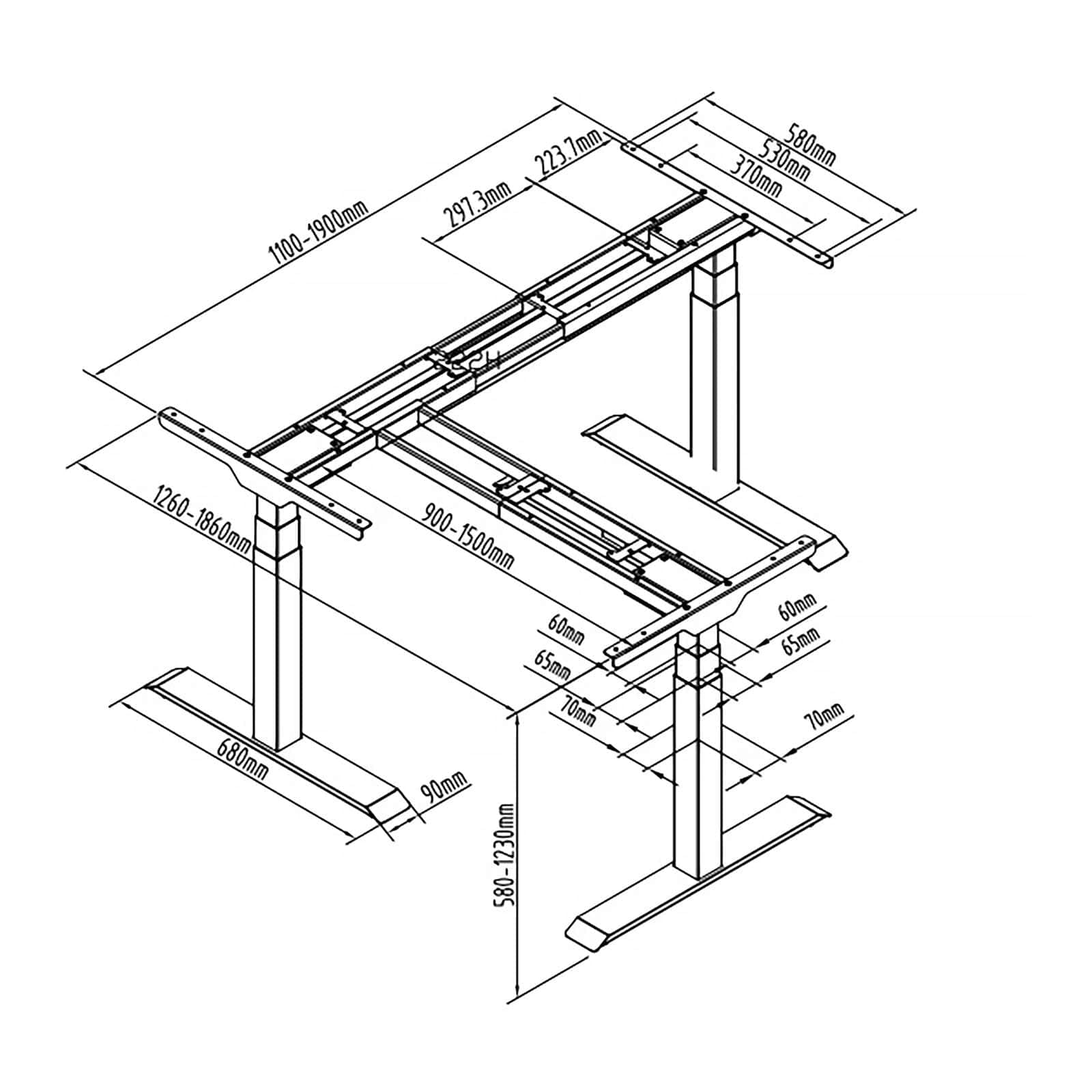 Fromm & Starck Höhenverstellbares Eckschreibtischgestell 58-123 cm einstellbare Breiten: 90-150 cm (L) / 110-190 cm (R) 150 kg 3 Motoren 450 W Memory-Funktion Schwarz Ecktischgestell