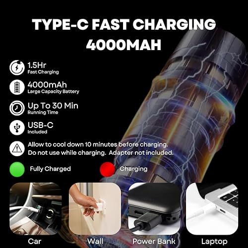 Miniatura 4 de Aspiradora de mano para automóvil, 20000 PA, 4 en 1, inalámbrica, recargable, multifuncional, compacta, potente, succión, motor sin escobillas,