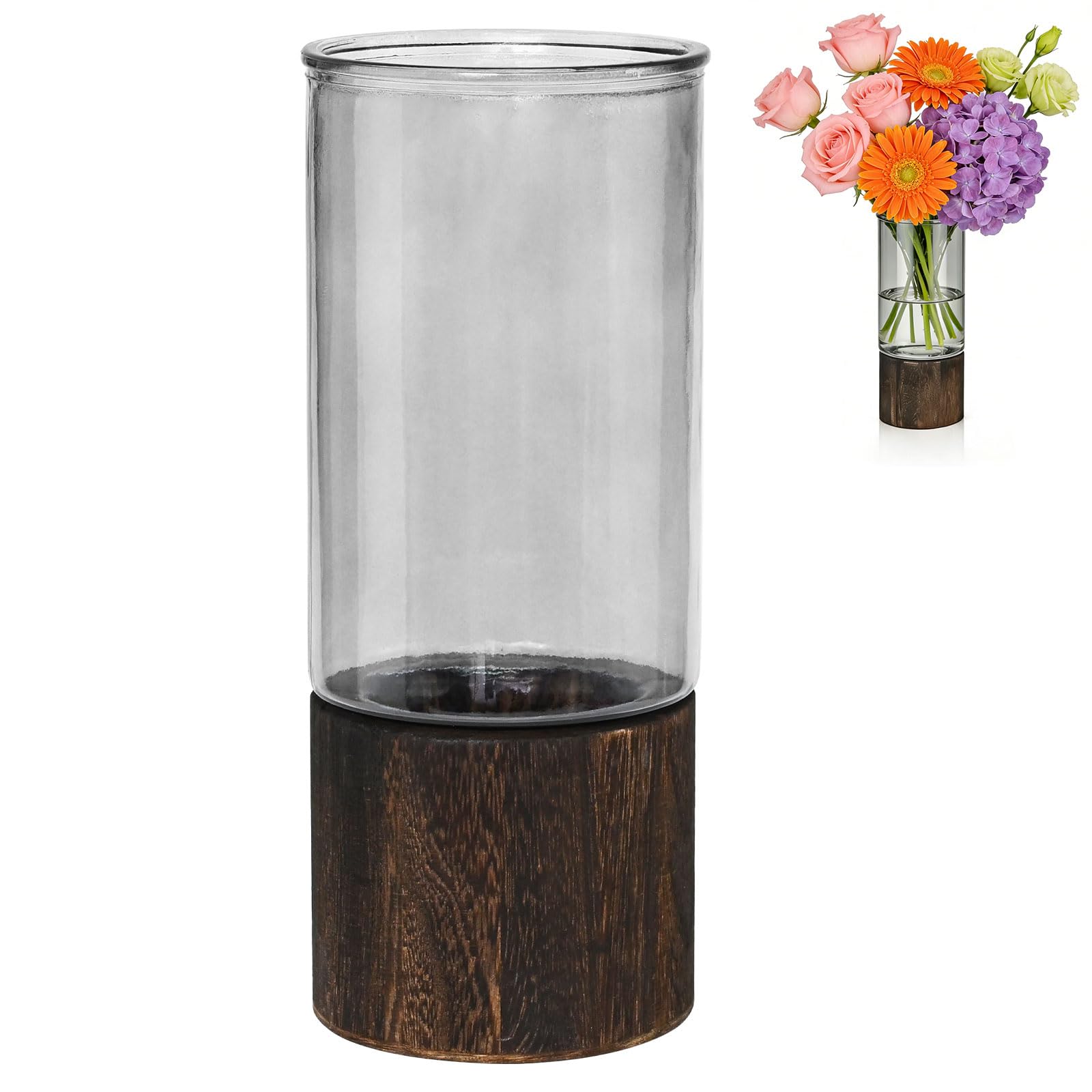 TEUYOE Glas Zylinder Vase mit Holzsockel,25 cm Modern Vase für Tisch & Home | Zeitloses Design für frische & Trockenblumen. vielseitig als Solitär-Deko. Ideal für Hochzeit & Einweihung(Transparent)